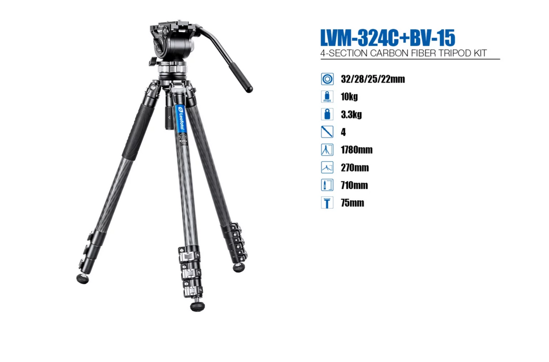 Leofoto LVM-324C Manba Video Series 4 Section Tripod with BV-15 Video Head