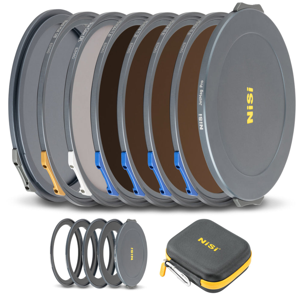 NiSi JetMag Pro Cinema Kit 82MAG Magnetic Filter Kit (FS ND 2 Stop, FS ND 3 Stop, FS ND 4 Stop, FS ND 6 Stop, TC CPL, Black Mist 1/8, 67mm/72mm/77mm/82mm Adaptors, Two Front Caps, Back Cap, Caddy Pouch)