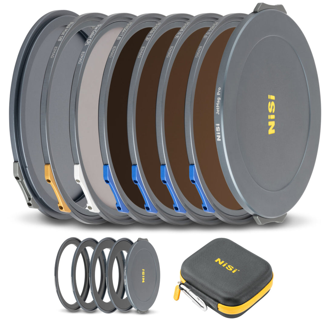 NiSi JetMag Pro Cinema Kit 82MAG Magnetic Filter Kit (FS ND 2 Stop, FS ND 3 Stop, FS ND 4 Stop, FS ND 6 Stop, TC CPL, Black Mist 1/8, 67mm/72mm/77mm/82mm Adaptors, Two Front Caps, Back Cap, Caddy Pouch)