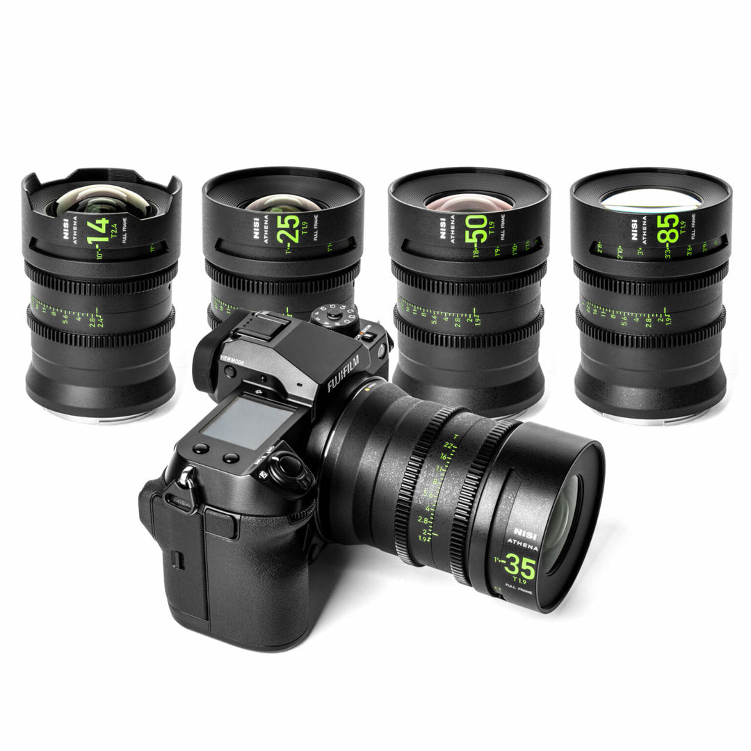 NiSi ATHENA PRIME Full Frame Cinema Lens MASTER Kit with 8 Lenses 14mm T2.4, 18mm T2.2 , 25mm T1.9, 35mm T1.9, 40mm T1.9, 50mm T1.9, 85mm T1.9, 135 T2.2 + Hard Case (G Mount | No Drop In Filter)
