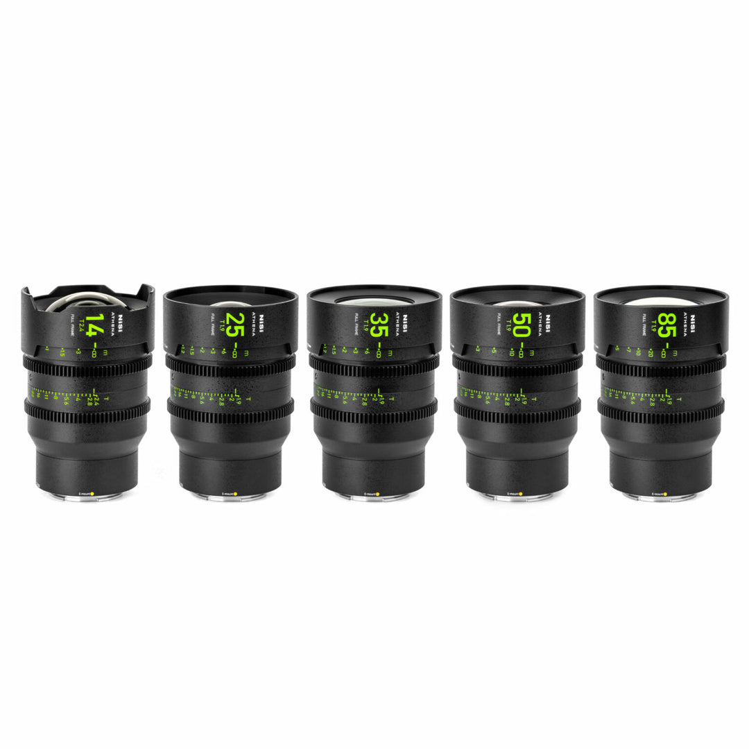 NiSi ATHENA PRIME Full Frame Cinema Lens Kit with 5 Lenses 14mm T2.4, 25mm T1.9, 35mm T1.9, 50mm T1.9, 85mm T1.9 + Hard Case (E Mount | No Drop In Filter)