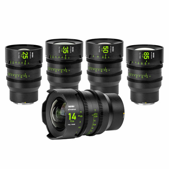 NiSi ATHENA PRIME Full Frame Cinema Lens Kit with 5 Lenses 14mm T2.4, 25mm T1.9, 35mm T1.9, 50mm T1.9, 85mm T1.9 + Hard Case (E Mount | No Drop In Filter)