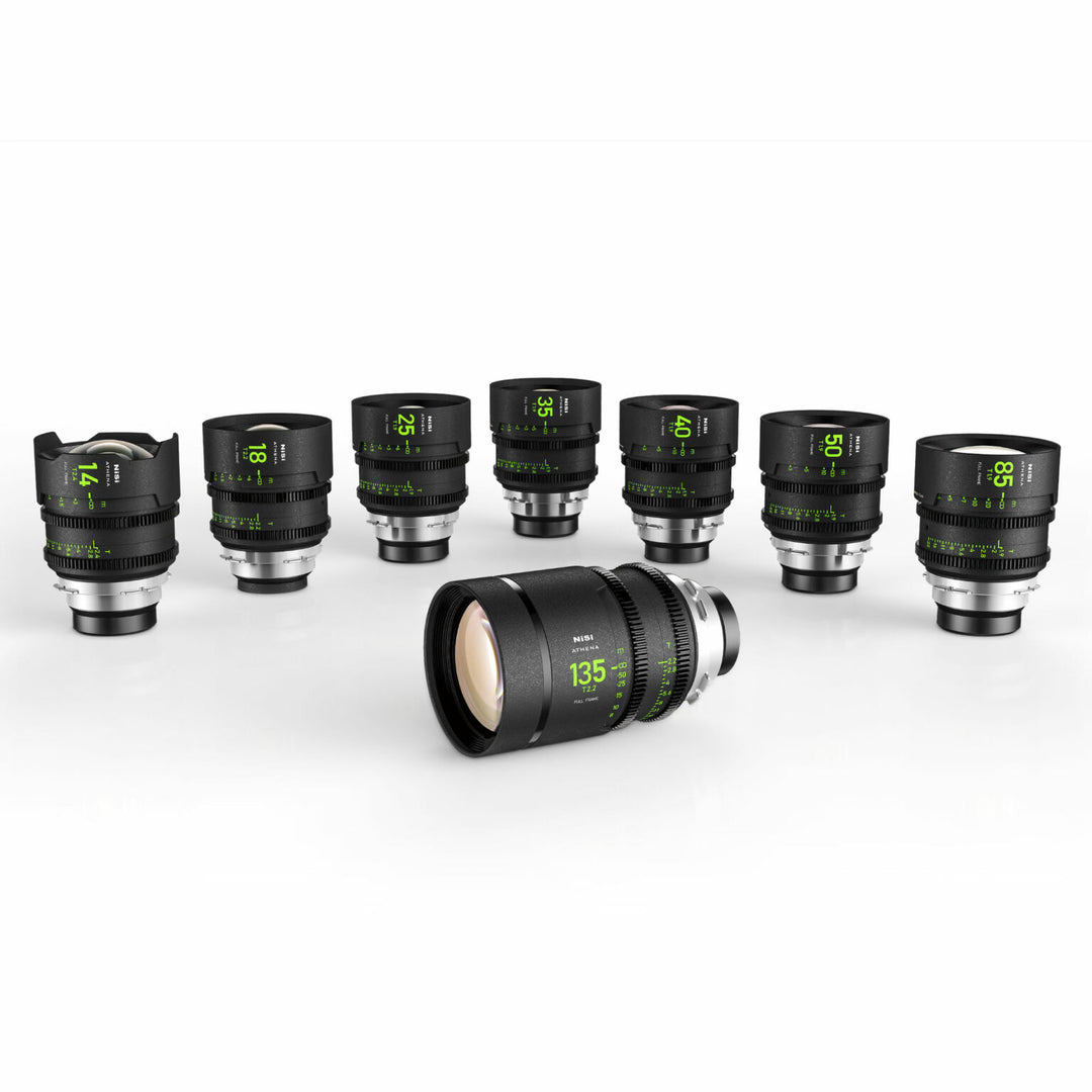 NiSi ATHENA PRIME Full Frame Cinema Lens MASTER Kit with 8 Lenses 14mm T2.4, 18mm T2.2, 25mm T1.9, 35mm T1.9, 40mm T1.9, 50mm T1.9, 85mm T1.9, 135mm T2.2 + Hard Case (PL Mount)