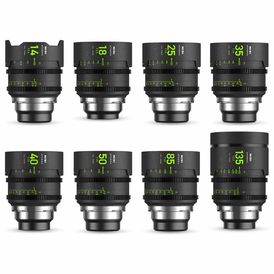 NiSi ATHENA PRIME Full Frame Cinema Lens MASTER Kit with 8 Lenses 14mm T2.4, 18mm T2.2, 25mm T1.9, 35mm T1.9, 40mm T1.9, 50mm T1.9, 85mm T1.9, 135mm T2.2 + Hard Case (PL Mount)