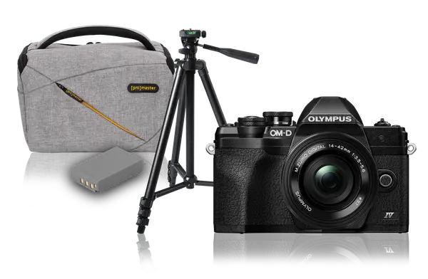 Olympus OM-D E-M10 Mark IV Black w/14-42mm EZ Lens & Bonus Battery, Bag,Tripod